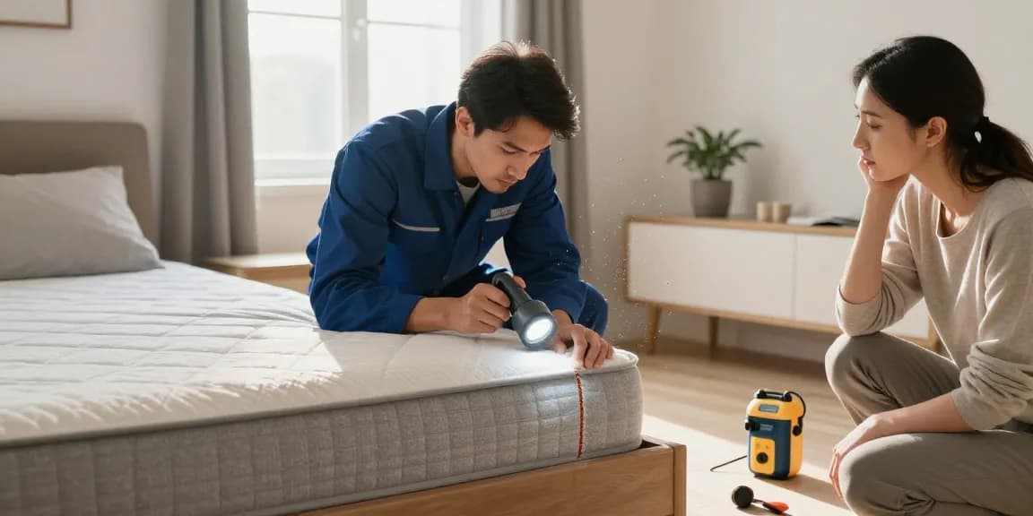 Bed bug treatment in action as an exterminator inspects a mattress and bed frame for infestations.