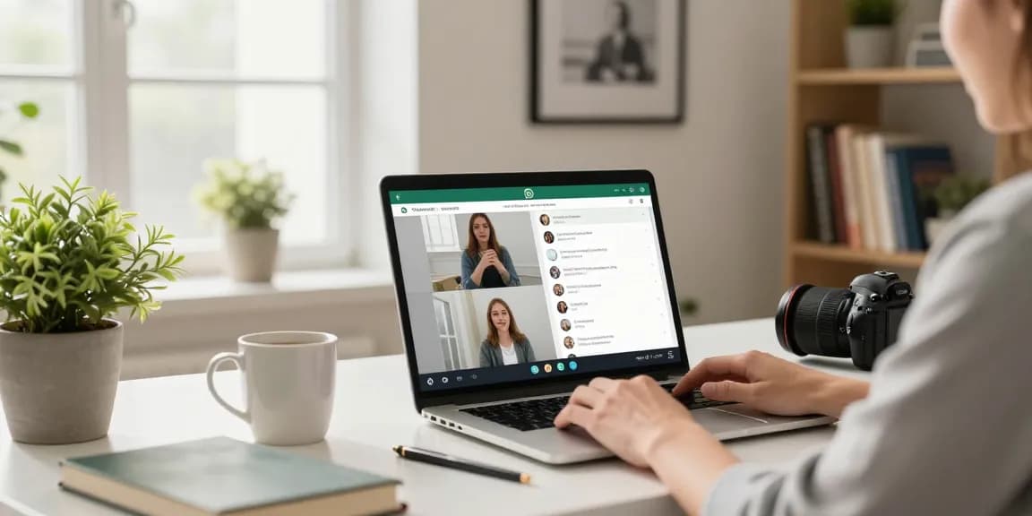 Individual using WhatsApp網頁版 on a laptop in a bright home office environment, showcasing productivity.