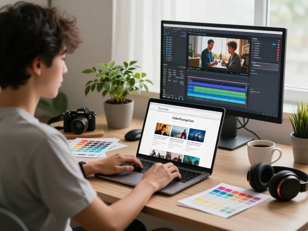 Creative workspace for video to prompt generation featuring a laptop with AI tool and editing software.