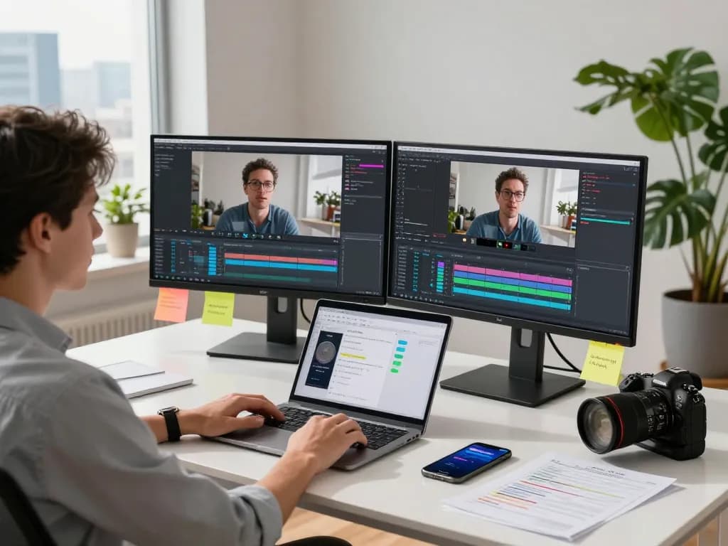 Professional workspace showcasing a user engaging with a video to promptgenerator, analyzing video content on dual screens.
