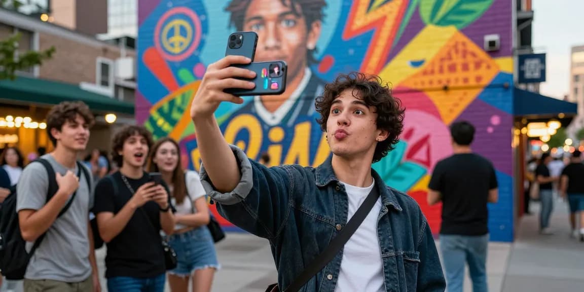 Person excitedly discovering their celebrity look alike in urban setting with vibrant mural.