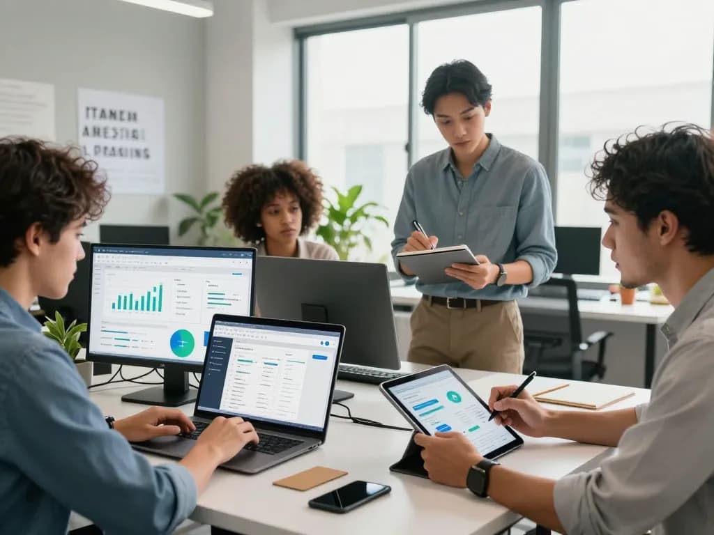 Team of SEO professionals collaborating with group buy SEO tools in a modern office setting.