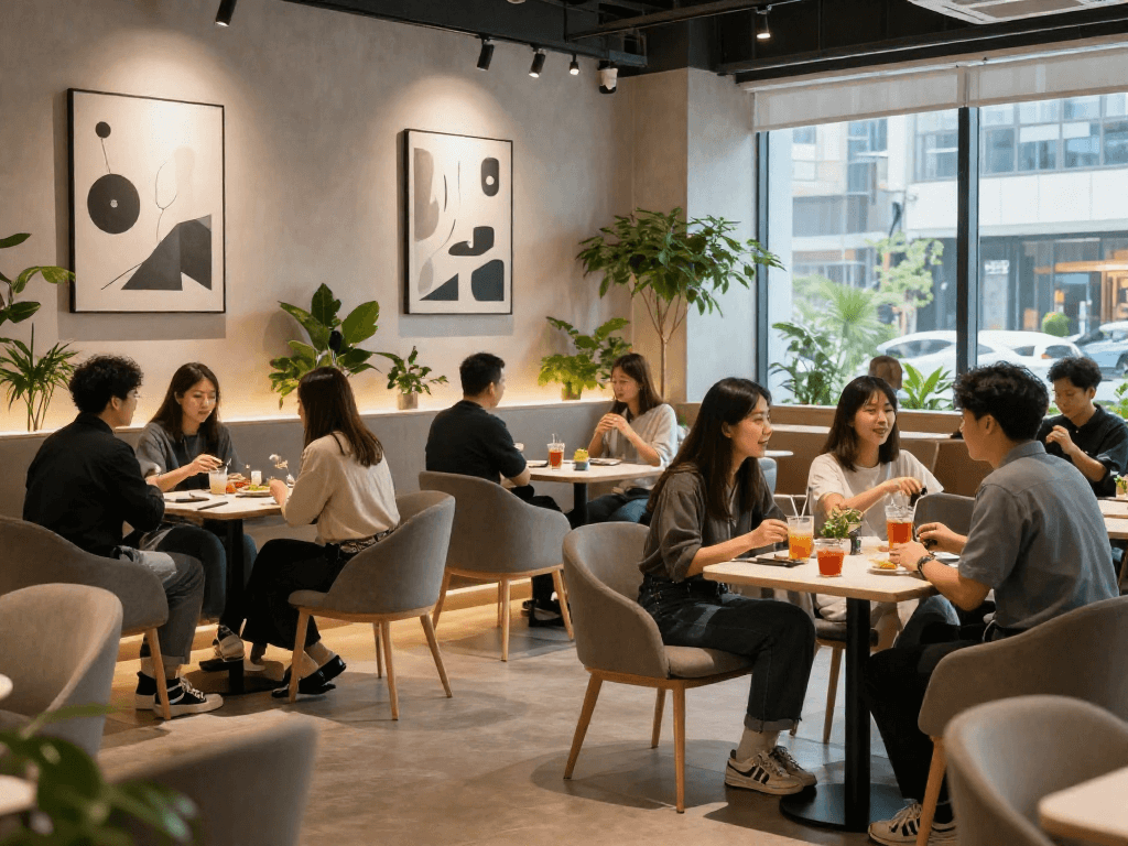 강남쩜오의 쾌적한 라운지 공간에서 사람들의 즐거운 대화와 음료를 나누는 모습