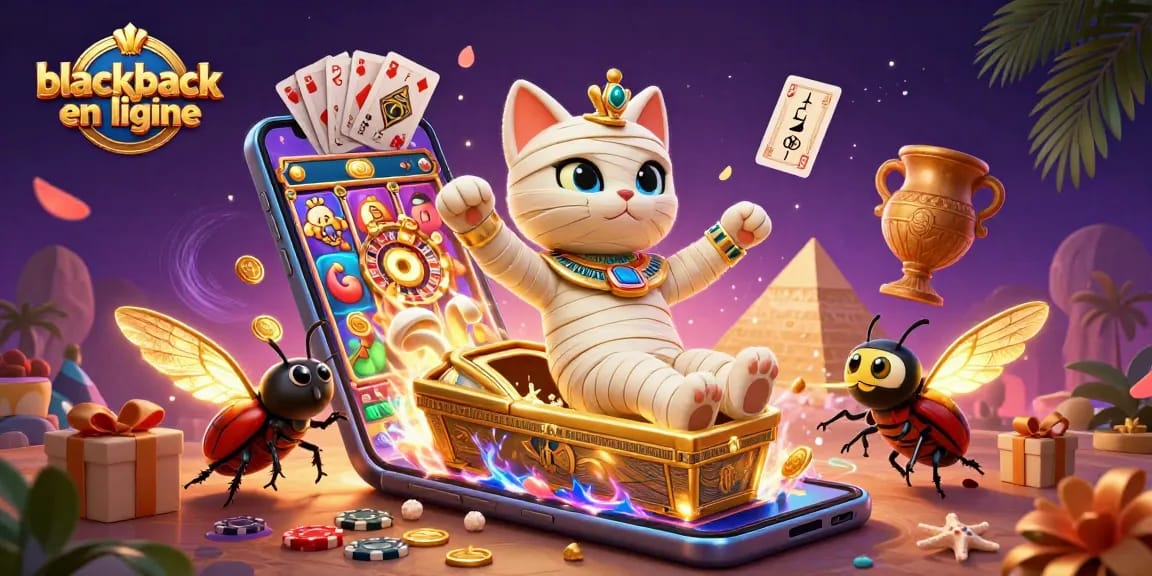 Participez à blackjack en ligne avec une image captivante d'une momie égyptienne et un scarabée doré.