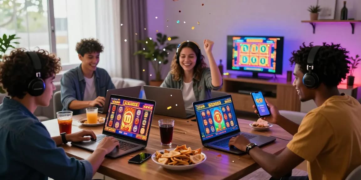 Exciting friends enjoying slot gacor games at home, celebrating wins in a lively atmosphere.
