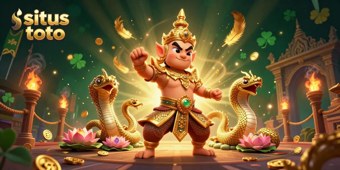 Experience the vibrant world of situs toto with a dazzling 3D illustration featuring dynamic gambling elements and mythical guardians.