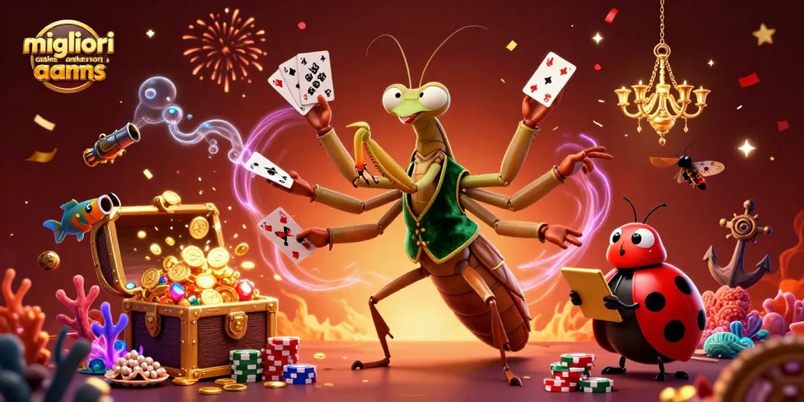 Giocando ai migliori casinò online non AAMS: illustrazione colorata con personaggi animati e elementi da gioco.