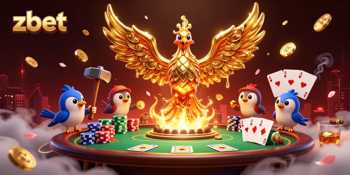 Engage with zbet via an illustration showcasing a golden phoenix and vibrant casino elements.