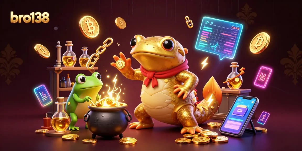 Engage with bro138's thrilling slot reels and gold coins in a vibrant 3D casino scene.