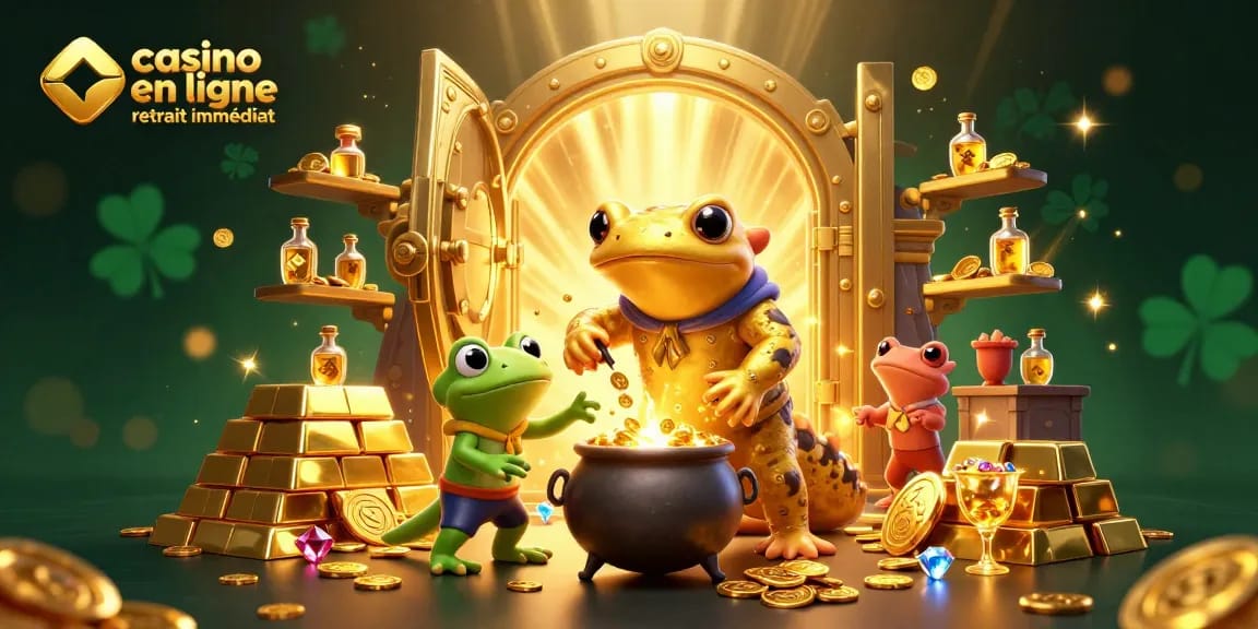 Profitez de l'excitation du casino en ligne retrait immédiat avec un alchimiste doré et des pièces en or.