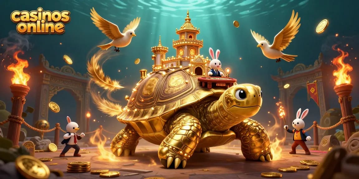 Disfruta de casinos en línea con una ilustración vibrante de un casino sobre una tortuga dorada.