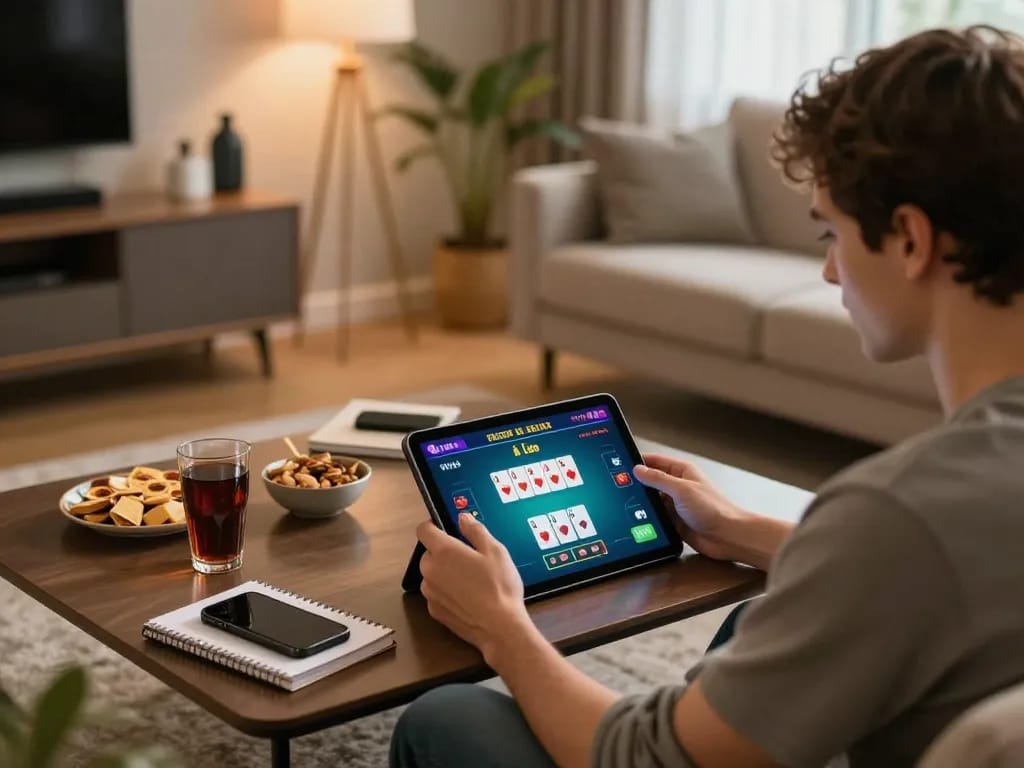Engaging in strategic online poker gameplay with dagelan4d resmi on a tablet in a cozy living room.