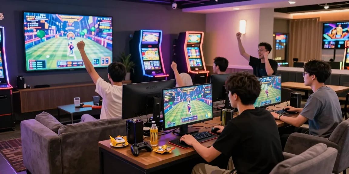 Exciting gaming lounge scene depicting players engaging with situs raja328 games alongside cheering friends in a vibrant atmosphere.