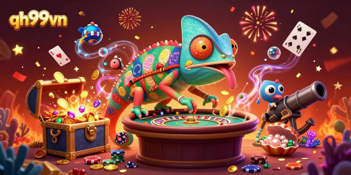 Join the thrilling world of qh99vn with a vibrant casino scene featuring a chameleon owner and dynamic game elements.
