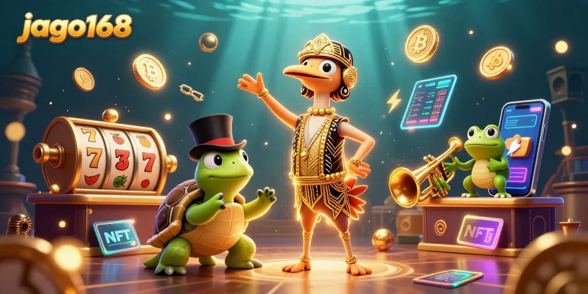 Experience thrilling gaming excitement with jago168 at a 3D animated casino scene filled with vibrant slot symbols and cryptocurrency elements.