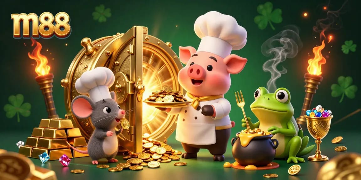 M88 casino illustration showcasing a chef pig serving gold coins, with vibrant riches and dynamic lighting.