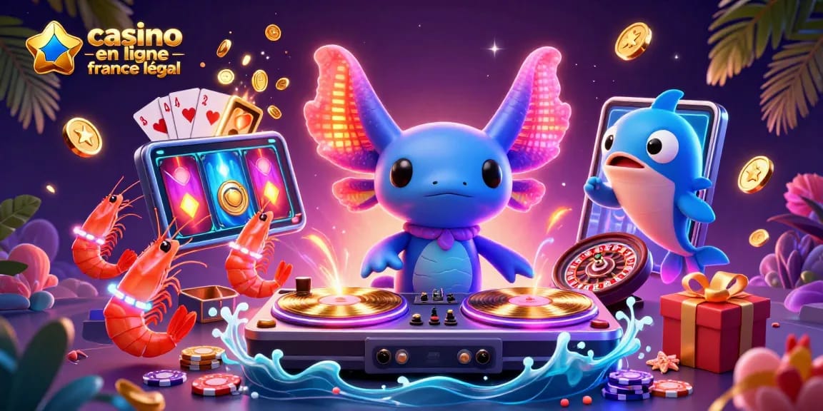 Illustration captivante d'un DJ axolotl et ses amis en pleine fête virtuelle sur un casino en ligne France légal.