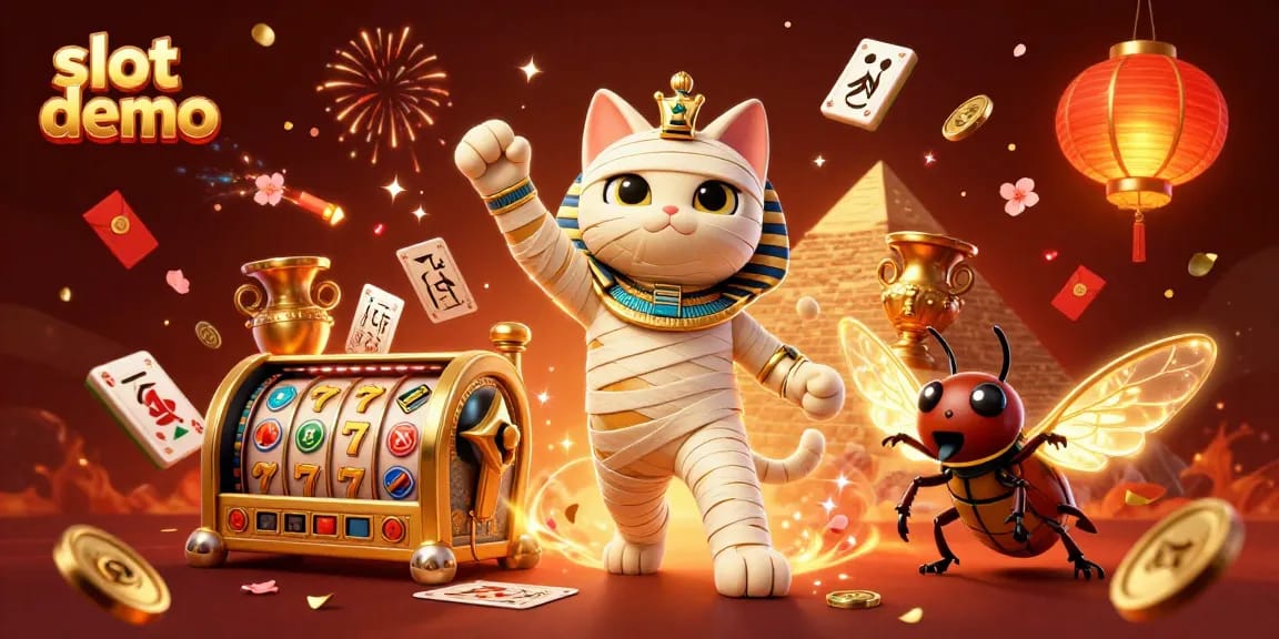 Slot demo menghadirkan permainan slot yang mendebarkan dengan simbol keberuntungan 7, reja jackpot, dan cat mummy di kasino.