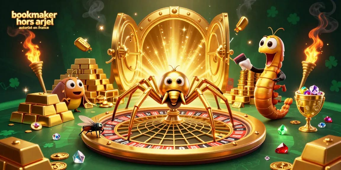Illustration d'un bookmaker hors ARJEL autorisé en France avec des éléments de casino animés et lumineux.