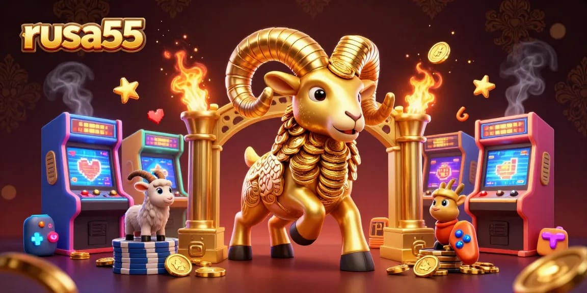Experience thrilling moments at rusa55 with vibrant gaming elements and a golden ram charging through a casino.