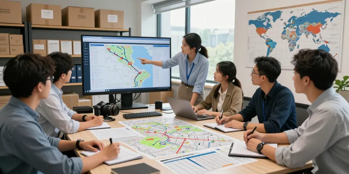 Logistik Dortmund: Team bei der Planung internationaler Transporte in modernem Büro.