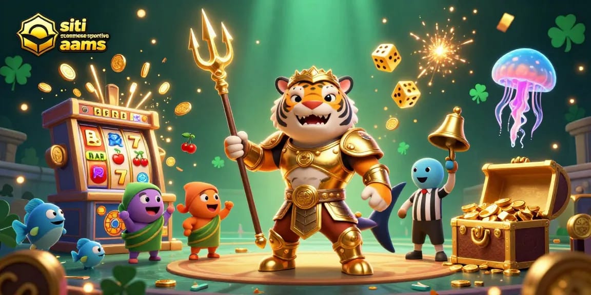 Siti di scommesse sportive non AAMS con un pesce tigre guerriero in un'arena subacquea che festeggia con monete volanti.