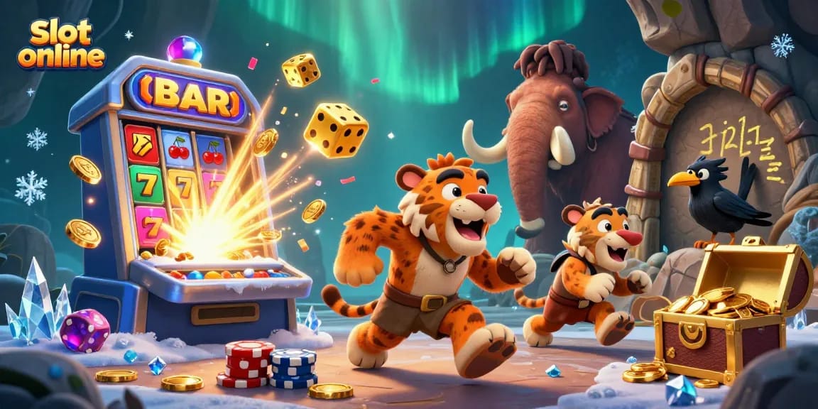 Bermain slot online dengan slot machine megah dan karakter lucu di kasino prasejarah.