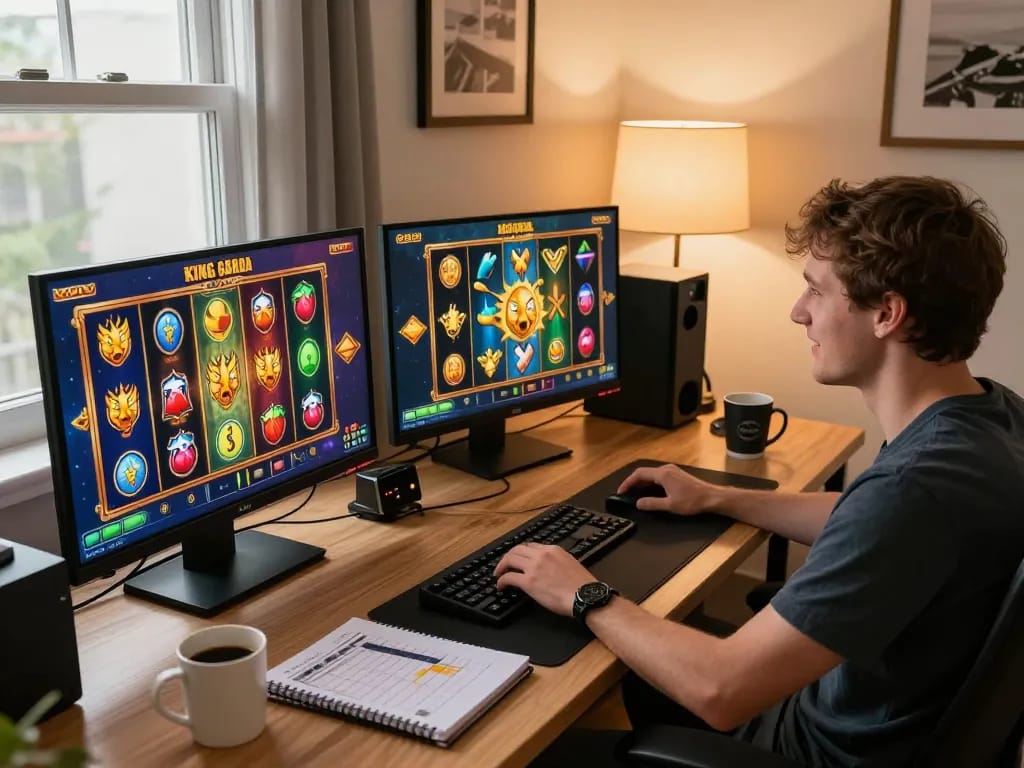 Player enjoying King Garuda slot games on multiple screens in a cozy gaming setup.
