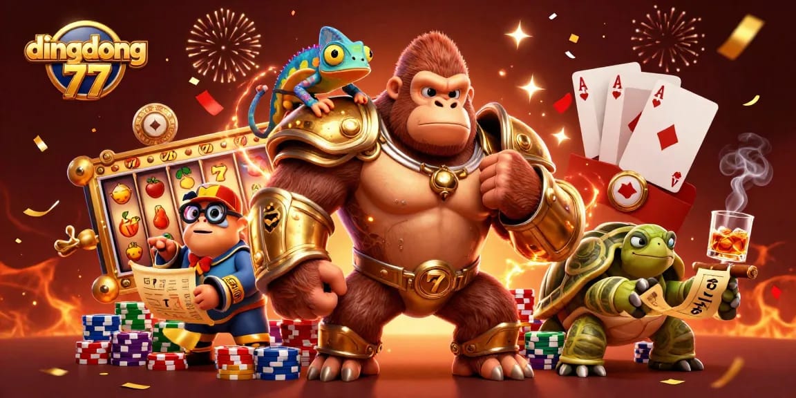 Experience thrilling gameplay at dingdong 77 with colorful slots and engaging characters in this vivid illustration.