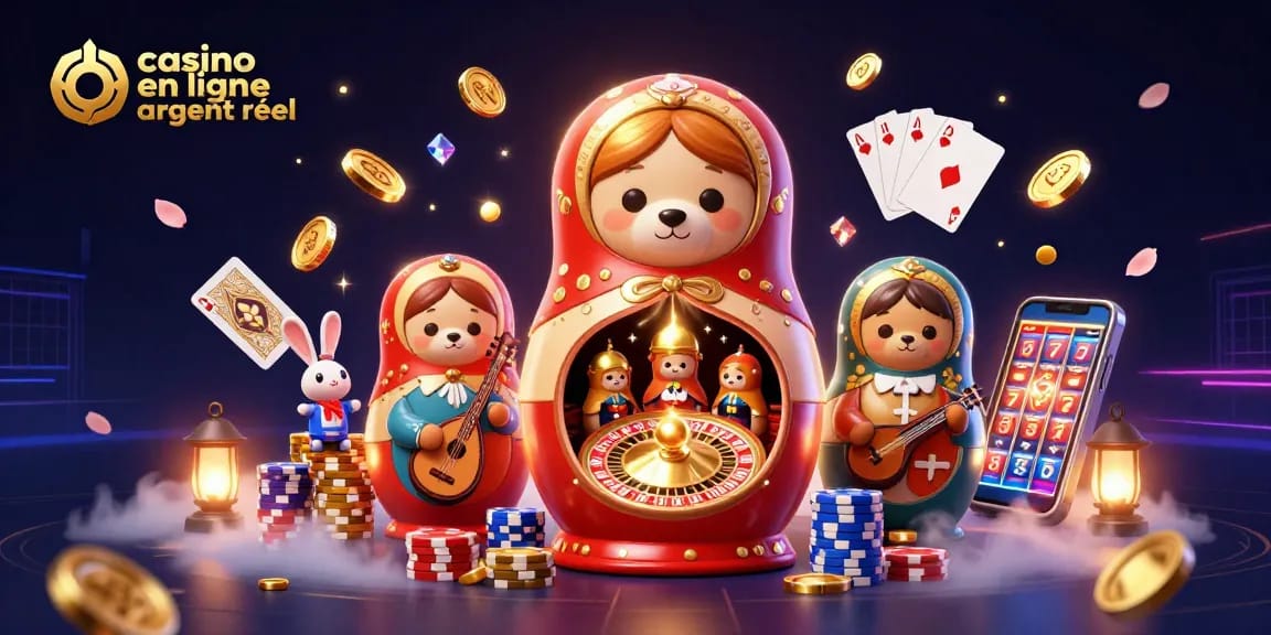 Profitez d'une illustration dynamique avec des éléments de casino en ligne argent réel, des personnages de jeux et des pièces dorées.