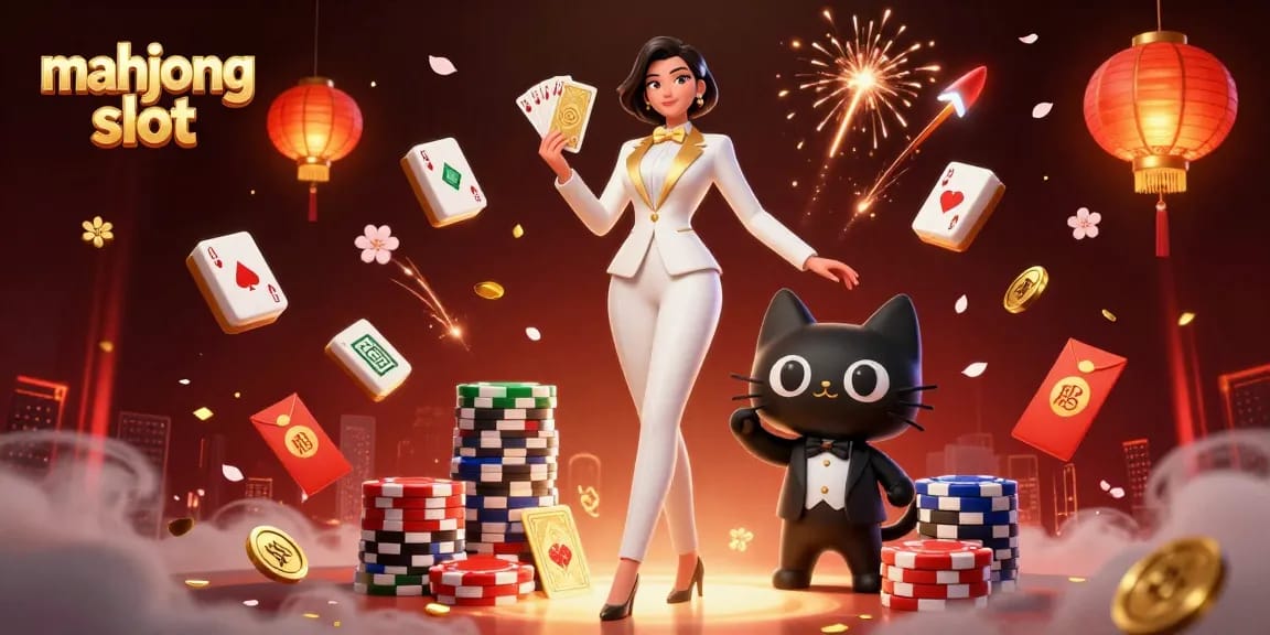 Experience mahjong slot excitement with a glam-themed illustration featuring dynamic casino elements.
