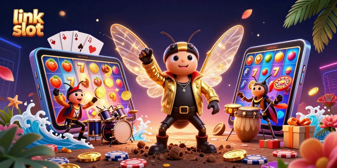 Spin to win at link slot while engaging in a vibrant casino scene with animated characters and games.