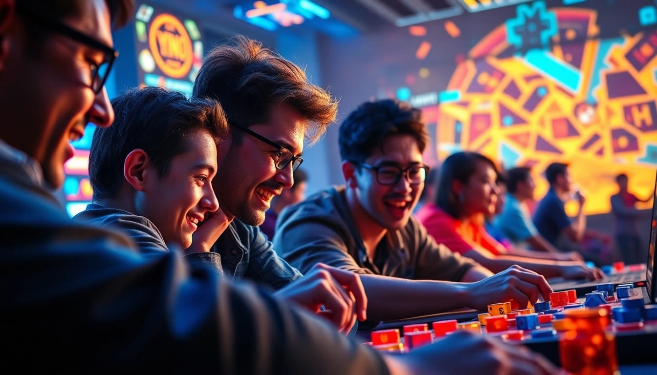 Intense players strategizing in a vibrant yono game session surrounded by colorful digital elements.