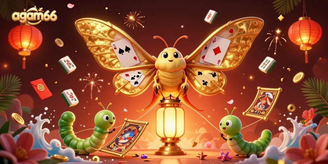 Experience thrilling betting action at agam66 with vibrant casino elements and fluttering motifs.