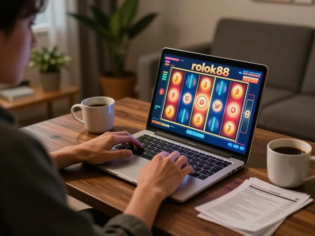 Engaged in playing rokok88 slot on a laptop at home, showcasing an immersive gaming experience.