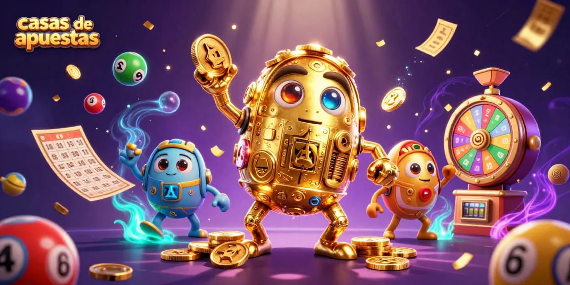 Jugando en las casas de apuestas con un golem dorado rodeado de bolas de lotería y premios.