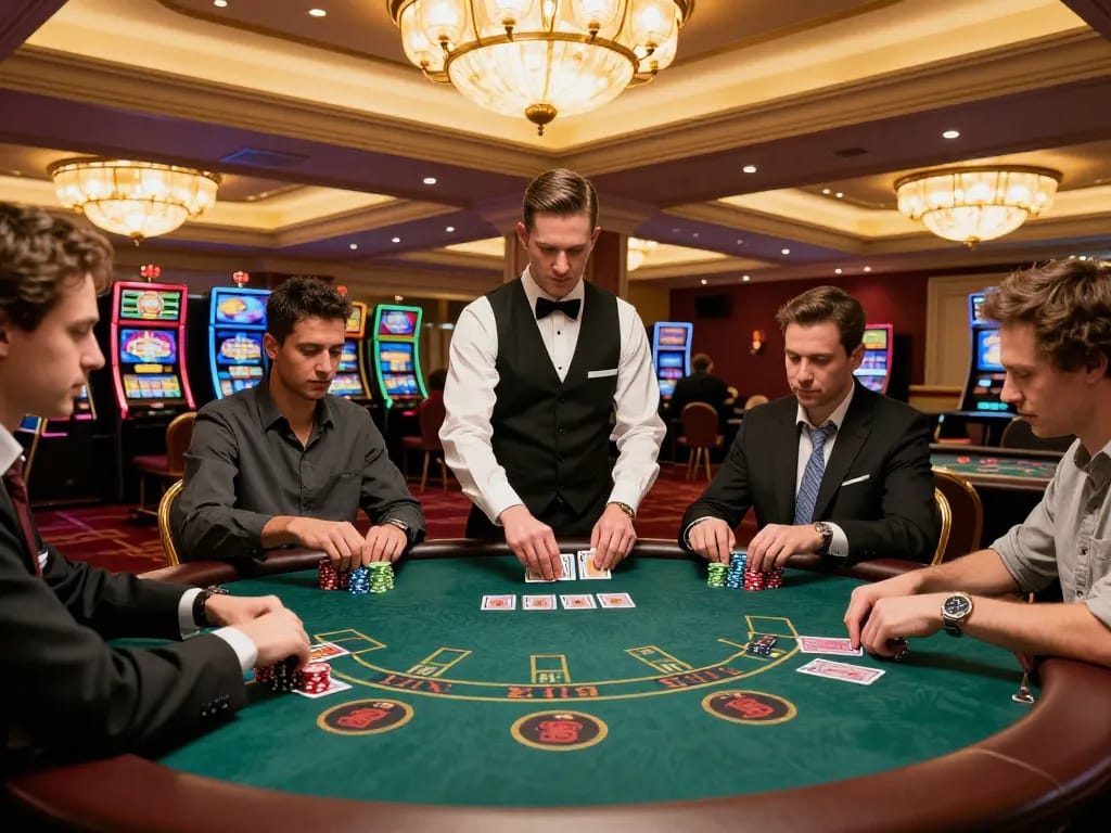 Players engaging in intense gameplay at a blackjack table, showcasing the pajaktoto link experience in an upscale casino setting.