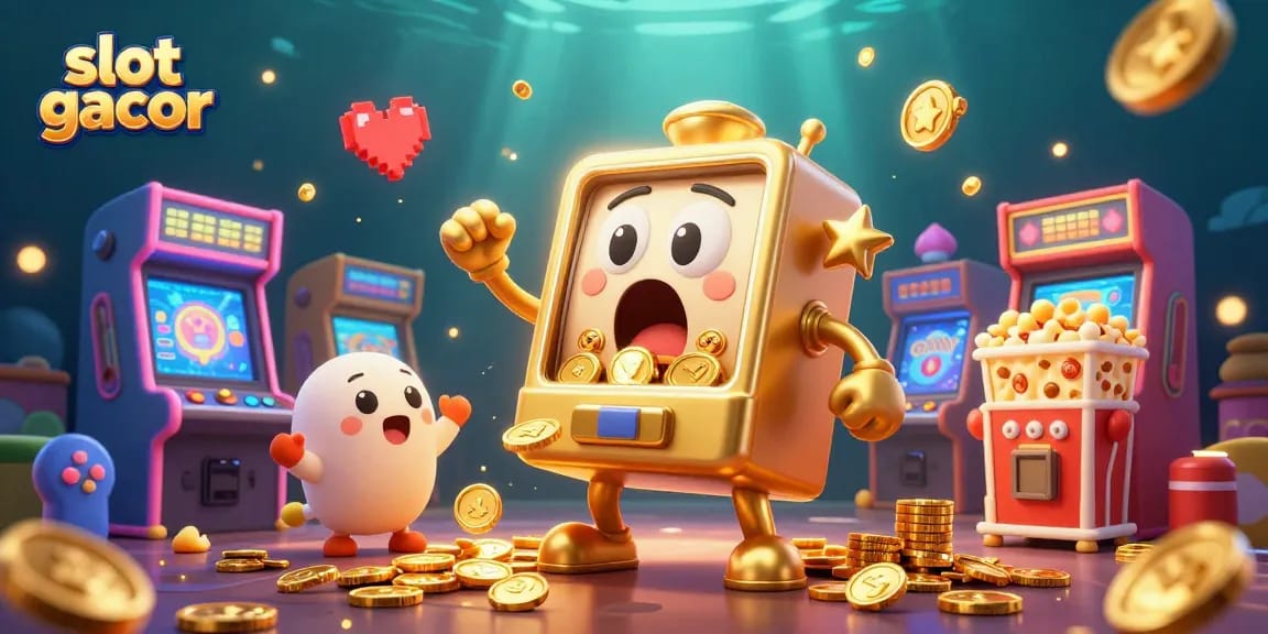 Experience slot gacor excitement as a shocked golden slot machine hits the jackpot, surrounded by joyous cheers.