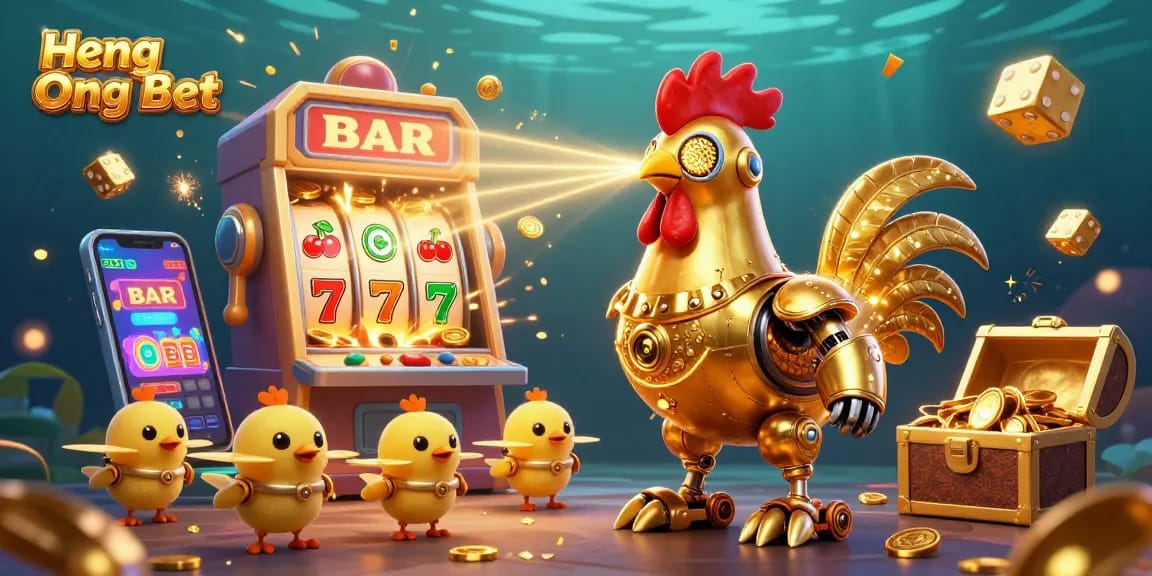 Engage with exciting games at Heng Ong Bet, featuring a golden rooster robot celebrating a jackpot