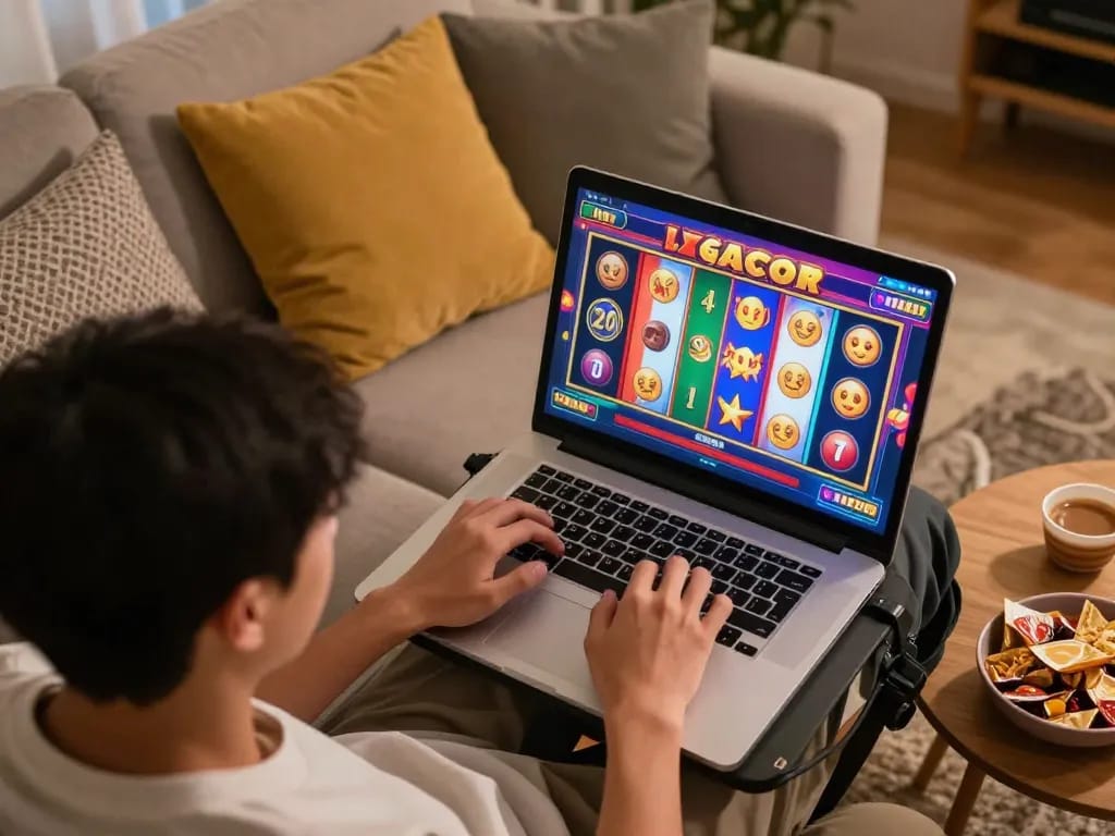 Engaged player enjoying slot gacor games on laptop in cozy home setting.
