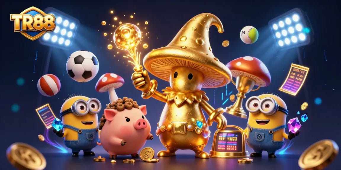 Engage with the magic of TR88 casino, featuring a golden mushroom wizard, treasure-seeking pigs, and dynamic sports elements.