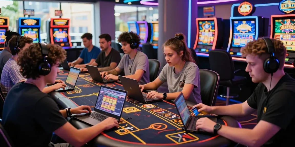 Players engaging in lively online gaming at casinos that take credit cards, surrounded by colorful slot machines and neon lights.