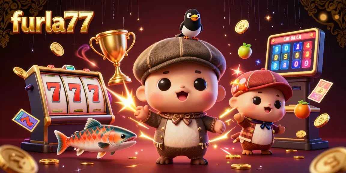 Spin the reels with furla77's jackpot excitement, featuring dynamic casino game elements and lively characters.