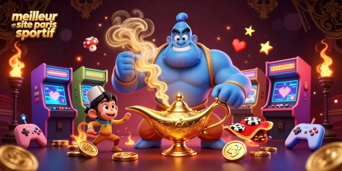 Découvrez le meilleur site de paris sportif avec une illustration dynamique remplie de casino et de magie.