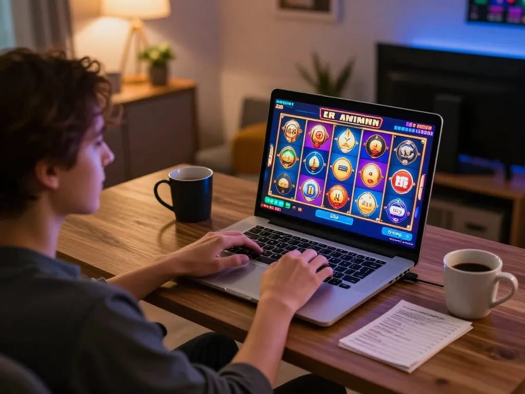 Engaging slot gameplay in a cozy home setting with a player enjoying online slots.