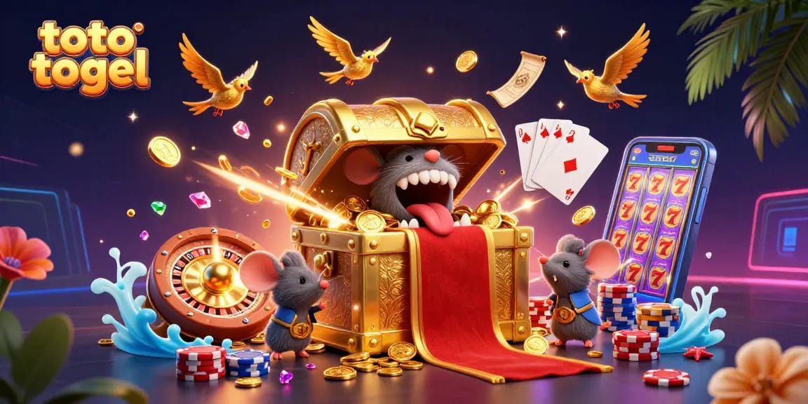 Win at toto togel with a vibrant illustration showcasing a treasure chest and casino elements