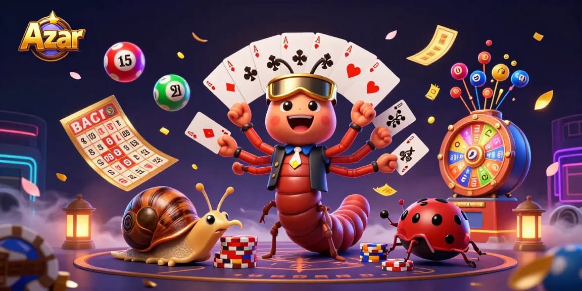 Engage with Azar for dynamic gambling experiences in a vibrant casino-themed illustration.