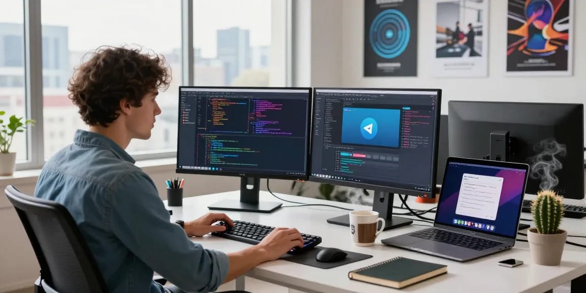 Dynamic workspace featuring the 纸飞机中文版 app on dual monitors with a coder in a tech environment.