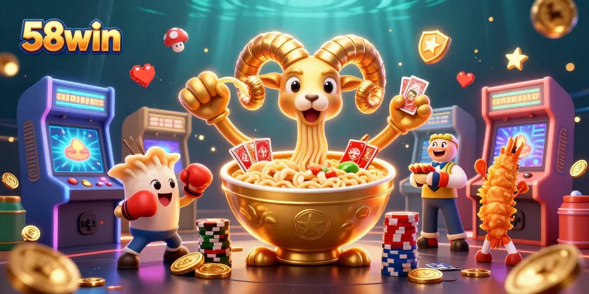 58win platform showcases an exciting casino scene with vibrant characters and games.