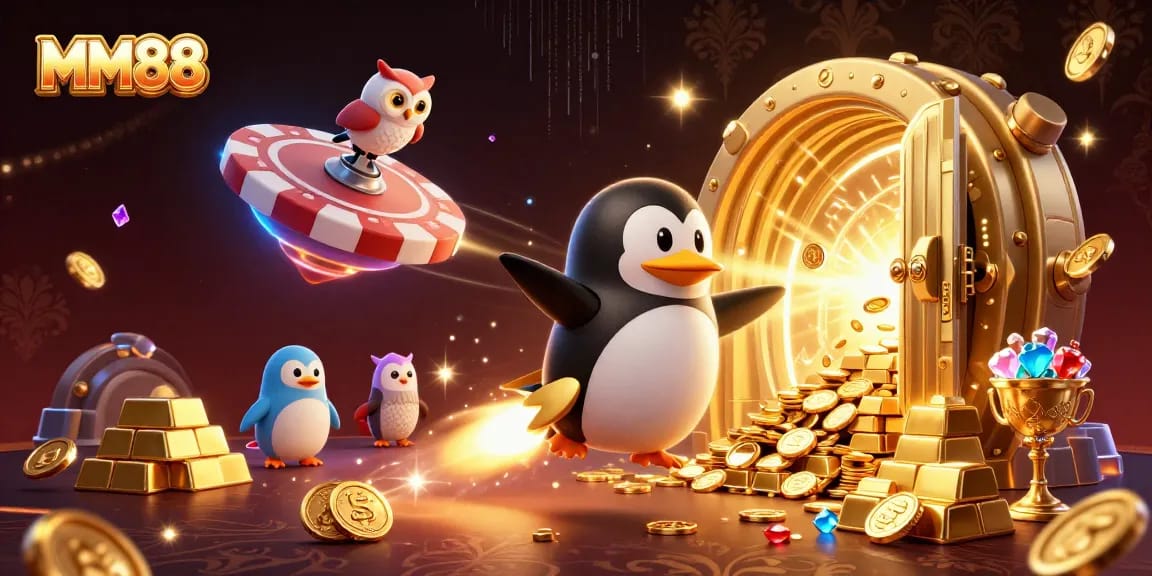 Experience MM88's thrilling gaming atmosphere with a vibrant cartoon penguin soaring to a dazzling casino world.